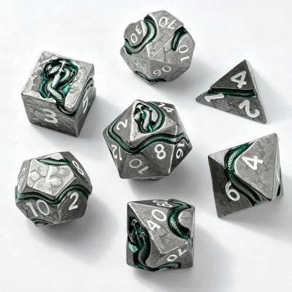 Serpent’s Cunning Metal DND Dice Set, 7 Piece Weighted Polyhedral Dice for Dungeons and Dragons, Balanced RPG Dice with Storage Case for Pathfinder Tabletop Games - color: Ancient Silver