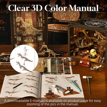 MiniCity Beyond Library Book Nook Kit, Wooden Miniature House with LED | 1074-piece wood/paper/plastic kit with LED and dust cover; glue/tools included; 8-10 hr build for shelf decor, ages 14+. - style: Beyond Library Max