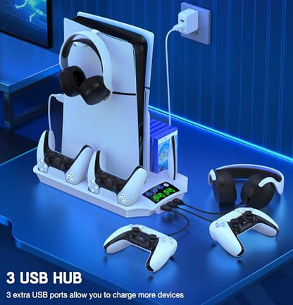 PS5 Pro/Slim/PS5 Stand and Cooling Station with Controller Charging Station for Playsation 5 Disc Digital Console, PS5 Accessories Incl. 3 Levels Cooling Fan, 13 Game Slots, 3 USB HUB, Headset Holder - size: Q254-PS5 Stand