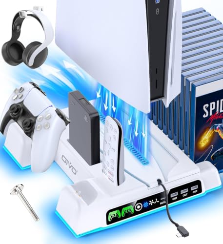PS5/Slim/Pro Stand and Cooling Station with LED Controller Charging Station for PlayStation 5 Console, Controller Charger, Cooling Stand, PS5/Slim/Pro Skin Accessories Kit with 3 Level Cooler Fan - color: All White