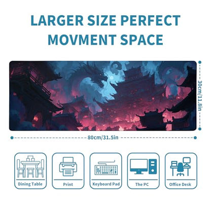 Huge Dragon Mouse Pad Abstract 31.5x11.8 Inch Table Pad Cute Desk Accessories Non-Slip Rubber Base Large Mousepad Stitched Edges Keyboard Mouse Mat Desk Pad for Office and Home - color: Dragon
