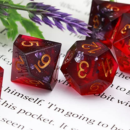 Haxtec Sharp Edge DND Dice Set, Silver Flakes Resin Polyhedral RPG Dice | Wine Red D&D for Table Games, Compatible with Dungeons and Dragons, Handmade 7-Die with Metal Case, MTG Gifts, War Series - color: Purple Red Black