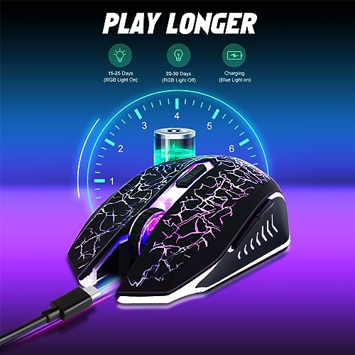 Wireless Gaming Mouse, Rechargeable Wireless Computer Mouse, 7-Color LED Light, Ergonomic Mouse with 6 Silent Click Buttons, 3 Adjustable 2400 DPI Wireless Mouse for Laptop,PC,Mac, Black - color: BLack