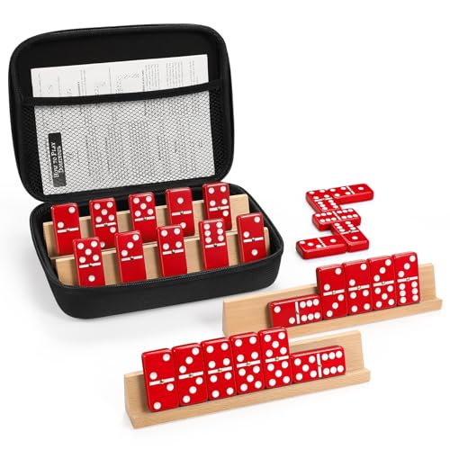 Jumbo Dominos Set for Adults with 4 Wooden Racks/Trays, Double 6 Dominoes Travel Set with Portable Case Double Six Dominoes Set with 4 Tiles Holders, 28 Tiles Dominos Set for Family Board Games - color: Red