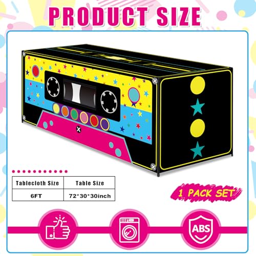 6FT 80s 90s Theme Tablecloth 90s Party Decorations Radio Cassette Player Tablecover Retro Disco Rectangle Table Cloth for Back to 80'S 90'S Hip Hop Birthday Party Decor Supplies - style: Cassette