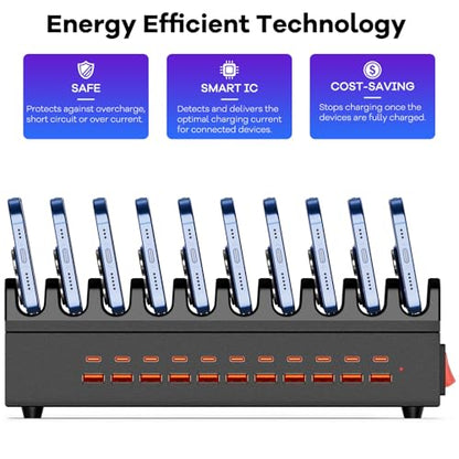 USB~C Charger Block, 300W 22 Port (11 USΒ A & 11 USΒ~C) USB Charging Station for Multiple Devices, Desktop Wall Fast Charger with Storage Dividers, USΒ Power Strip Suitable for Home Office School