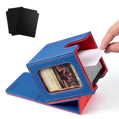 MTG Deck Box with Commander Display Window (Blue&Red, 1 window) | Holds 120 Single/100 Double-Sleeved Cards, Fit MTG/PTCG/OPTCG Cards, Strong Magnet, PU Leather, With 2 Dividers & 1 Toploader - color: Blue and Red
