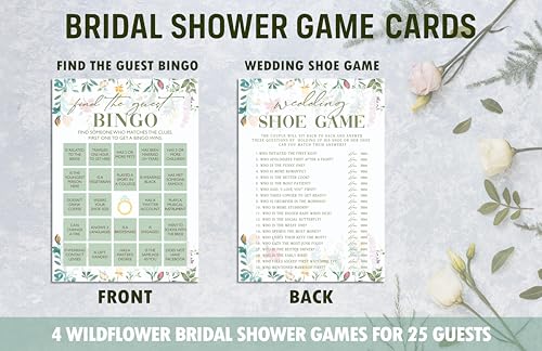 Wildflower Bridal Shower Games Set, 4 Games Includes Over Or Under, Advice for The Bride, Wedding Shoe Game, Find The Guest Bingo, 50 Double-Sided Cards, Wedding Party Supplies -03 - style: 4 Games Set-03