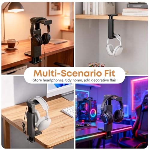 Headphone Stand & Hanger for Desk, 2 in 1 Above & Under Desk Gaming Headset Holder Mount with Height Adjustable & Rotating Clamp, Dual-sided Anti-slip Pad Earphone Rack with Clamp Headset Stand - size: 1 Hooks