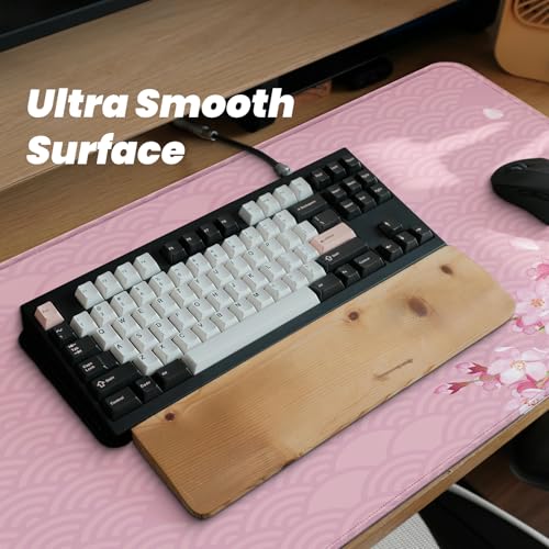 Gaming Mouse Pad with Anti-Slip Rubber Base, Extended Large Computer Mouse Mat with Stitched Edges, Long XL Anime Mousepad for Laptop and Keyboard, 31.5 x 11.8 inch (Pink Cherry Blossom) - color: Pink Cherry Blossom