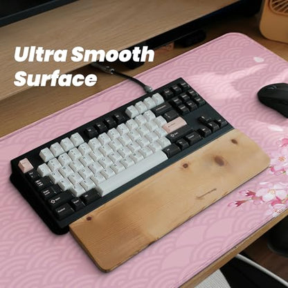 Gaming Mouse Pad with Anti-Slip Rubber Base, Extended Large Computer Mouse Mat with Stitched Edges, Long XL Anime Mousepad for Laptop and Keyboard, 31.5 x 11.8 inch (Pink Cherry Blossom) - color: Pink Cherry Blossom