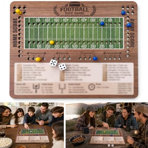 Football Dice Challenge, Premium Wooden Board Game with Scoring Tray, Competitive Sports Themed Dice Game with 20 Pawns and 3 Dice, Portable Travel Set for 2-5 Players