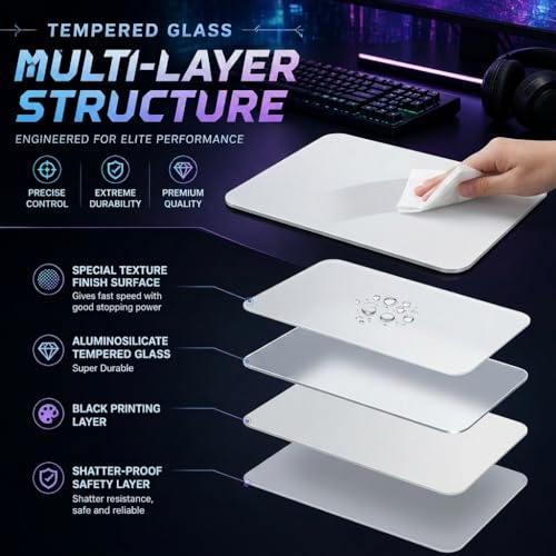 Tempered Glass Gaming Mouse Pad - Large 400×500×3mm (Moonlight White) Thin Large Hard Mat, No - Slip Base for High - DPI Precision, Scratch - Resistant Smooth Surface, FPS/MOBA/Office Use - color: Moonlight White, size: Large