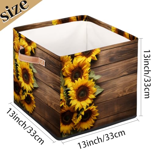 13x13 Inch Storage Basket Bin Sunflower On Wooden Board Polyester Cloth Storage Cube Box Toys Clothes Towels Organizer for Kids Room Bedroom Shelves Pantry