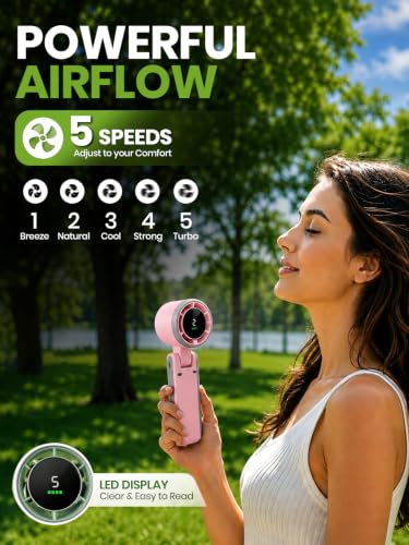 EcoNour Handheld Fan Rechargeable, Portable Mini USB Fan with 5 Speeds, 13550 RPM High-Speed Personal Cooling Fan, Foldable Battery Operated Travel Fan for Home, Office & Outdoor - Pink - color: Pink