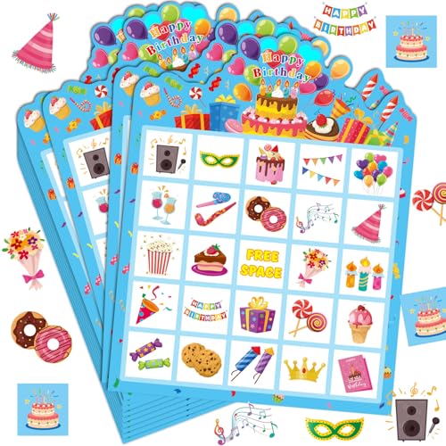 Blosssound 24 Players Birthday Bingo Games Happy Birth Day Bingo Cards for Adults Fun Birthday Party Game Family Activities Party Favors for Family Large Group Classroom - style: Birthday