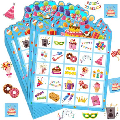 Blosssound 24 Players Birthday Bingo Games Happy Birth Day Bingo Cards for Adults Fun Birthday Party Game Family Activities Party Favors for Family Large Group Classroom - style: Birthday