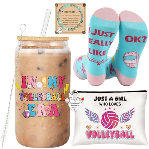 Volleyball Gifts for Teen Girls & Women, Pink Volleyball Accessories Includes 16oz Glass Cups, Makeup Bag, Socks, Keychain, and Bracelets, Senior Night Gifts for Team Players Sports Lovers