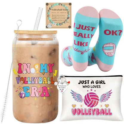 Volleyball Gifts for Teen Girls & Women, Pink Volleyball Accessories Includes 16oz Glass Cups, Makeup Bag, Socks, Keychain, and Bracelets, Senior Night Gifts for Team Players Sports Lovers