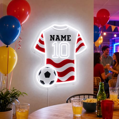 Custom Soccer Jersey Neon Sign, Personalized Name Number world cup Football Jersey Neon Light with Soccer Ball, Customizable USB LED Wall Decor for Boys Bedroom, Game Room, Man Cave, Sports Bar, Fan Club, Party,Soccer Gifts - size: Custom Soccer Neon Sign