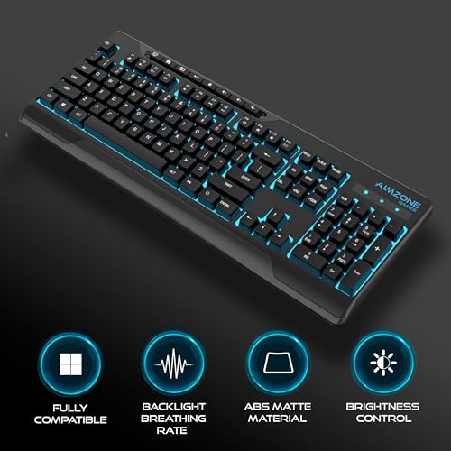 Aimzone Backlit Gaming Keyboard, Ergonomic Quiet Membrane Led Keyboards, 8 Extra On-Board Multimedia Keys, Anti-Ghosting, Dedicated Media Control, Wired, USB, Black (Keys Don't Light Up)