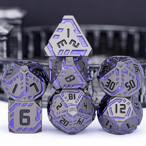 Metal DND Sci-fi Dice Set 7PCS Stripe Polyhedral Dice for Dungeons Dragons RPG Role Playing Game, Glitter D and D Dice with Gift Box D6 D8 D10 D12 D20 (Black Purple) ﻿ - color: Black - Purple