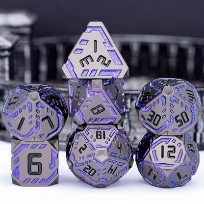 Metal DND Sci-fi Dice Set 7PCS Stripe Polyhedral Dice for Dungeons Dragons RPG Role Playing Game, Glitter D and D Dice with Gift Box D6 D8 D10 D12 D20 (Black Purple) ﻿ - color: Black - Purple