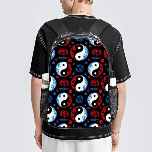 Stadium Approved Heavy Duty Clear Bookbag Adjustable Shoulder Straps | Heavy Duty, Tai Chi Water Fire Yin Yang Black, Transparent, PVC See Through Daypack - color: Pattern (833)