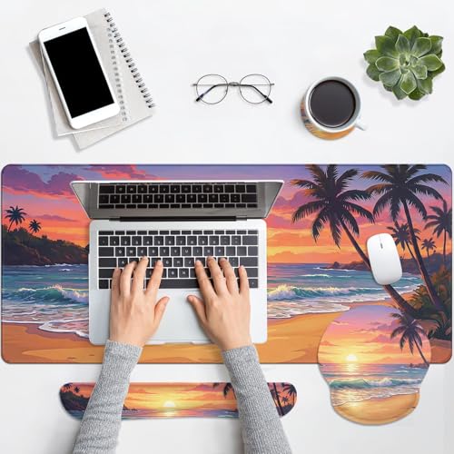 Britimes Beach Sunset Keyboard Mouse Pad Set Tropical Coastal 4in1 Large Mousepad+Keyboard Wrist Rest+Mouse Wrist Rest+Coaster Ergonomic Design for Home Office Computer 35.4x15.7 inches - color: Beach Sunset