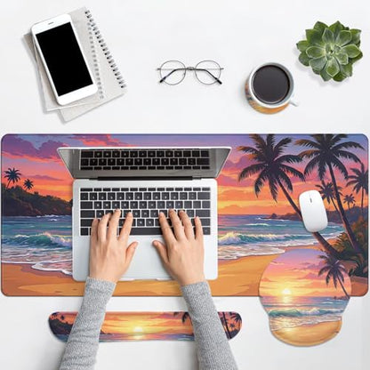 Britimes Beach Sunset Keyboard Mouse Pad Set Tropical Coastal 4in1 Large Mousepad+Keyboard Wrist Rest+Mouse Wrist Rest+Coaster Ergonomic Design for Home Office Computer 35.4x15.7 inches - color: Beach Sunset