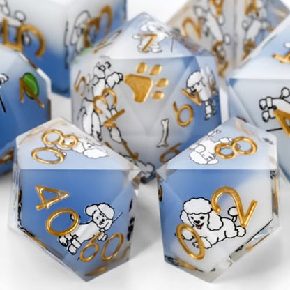 DND Dice Set 7-Pcs, Sharp Edge Cute Dog Style Resin Dice Polyhedral Resin Sharp Edge Dice for Roleplaying Games Dungeons and Dragons RPG MTG Table Games（Poodle） - color: Blue and White, style: Poodle