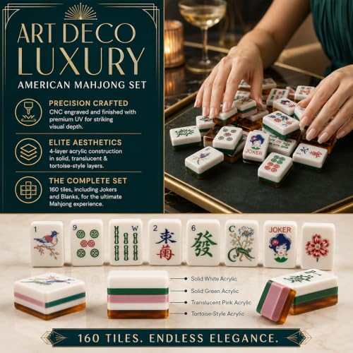 4 Layer Mahjong Tiles, 160 Pcs Premium Acrylic American Mahjong Set with Dice Bag, 13 Styles Available Clear Engraved Western Game for Adults Home Travel Parties & Social Games (01) - color: 01