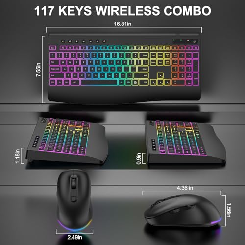 Wireless Keyboard and Mouse Combo, 9 Backlit Effects, 4000mAh Rechargeable Backlit Keyboard with Wrist Rest, 6 Button Mouse, 2.4G Full Size Quiet Keyboard Set for Computer, PC, Laptop, Mac, Windows