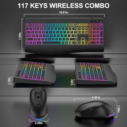 Wireless Keyboard and Mouse Combo, 9 Backlit Effects, 4000mAh Rechargeable Backlit Keyboard with Wrist Rest, 6 Button Mouse, 2.4G Full Size Quiet Keyboard Set for Computer, PC, Laptop, Mac, Windows