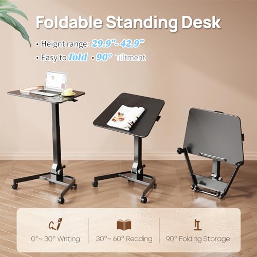 Foldable Mobile Standing Desk, Rolling Laptop Cart, Black | 29.9"-42.9" Height Adjustment, Easy to Fold, Portable Standing Desk on Wheels, Folding Desk for Compact Space - color: Black