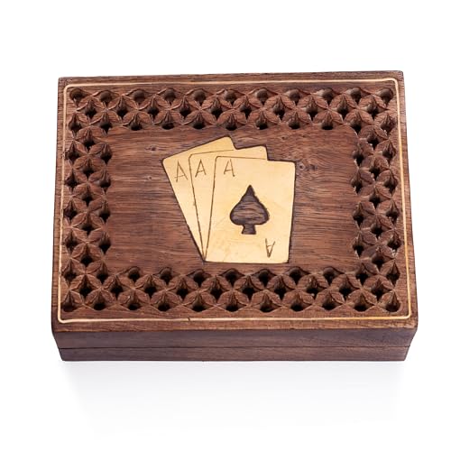Unique Birthday Gift Ideas Handcrafted Classic Wooden Playing Card Holder Deck Box Storage Case Organizer With Premium Quality 'Ace' Playing Cards Anniversary Housewarming Gifts Men Women