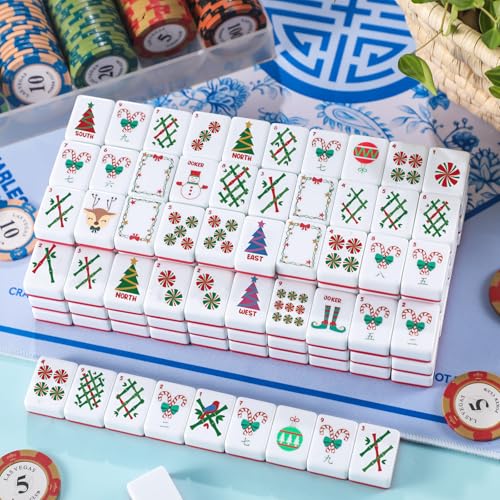 160 Pcs Christmas American Mahjong Set Only, 1.2 x 0.87 Inches Red Back Melamine Mahjong Tiles, Hand Carved Pattern for Adult Mah Jong Social Games, Mah Jong Lovers - style: Classic