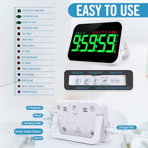 Digital Timer for Classroom, Pomodoro, Gym & Kitchen – Rechargeable Magnetic Countdown Timer, Large LED Display, Loud Alarm, 3 Volume Levels & 3 Brightness Settings - style: Upgraded Version with Gym Modes