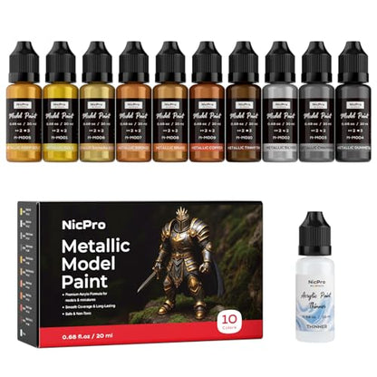 Nicpro 10 Colors Metallic Model Paint Set, 20ml Ready to Use Modeling Acrylic Paints, Brush & Airbrush Compatible, Miniature Paint Set for Beginner & Pro on Model, Scale Figure, Crafts, with 1 Thinner - style: Metallic