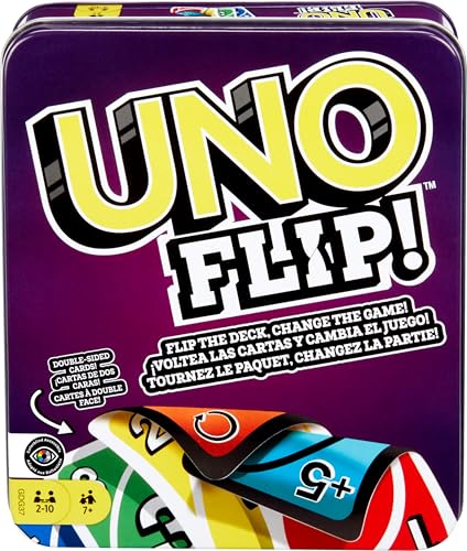 Mattel Games UNO FLIP! Card Game in Storage & Travel Tin, Color Blind Accessible Deck for Kids, Adults & Family Nights & Parties (Amazon Exclusive) - style: UNO Flip!