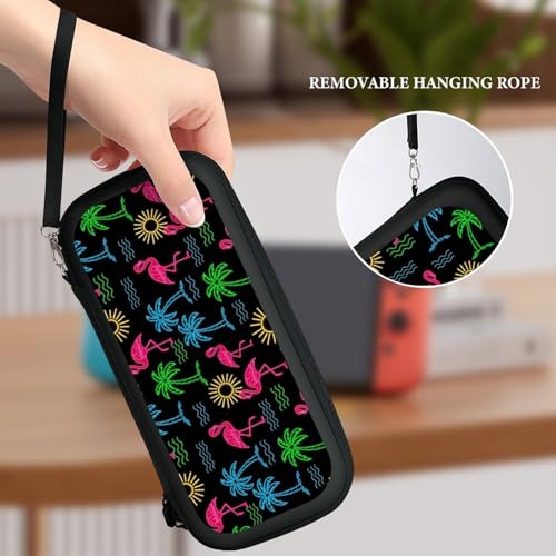 PPIKTC Portable Game Carrying Bag for Switch, Tropical Coconut Tree Neon Flamingo Hard Shell Shockproof Case, Protective Storage Holder Pouch with 15 Game Cartridges - color: Design (215)