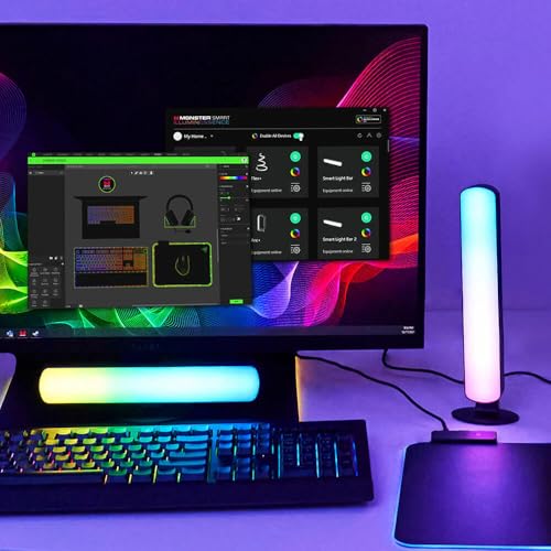 Monster Smart LED Light Bars 2 Pack, RGB+IC Multi-Color Razor Chroma TV & Gaming Wi-Fi Light Bars, Dimmable, Sound Reactive, Multi Position, App & Voice Control, Works with Alexa, Google Home, Siri