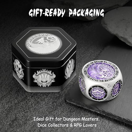 DNDND Unique Spinner DND Dice, 8-in-1 Hexagonal Metal DND Dice with Dual D20 Monster Themed Dice Set for DND Dungeons and Dragons, Dungeon Masters with Collectible Gift Tin (Silver with Purple) - color: Silver Purple
