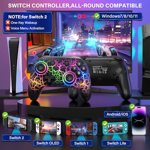 ZRZLMVP Switch Controller Wireless for Nintendo Switch/OLED/Lite/Switch 2 | 1000mAh Rechargeable Switch Pro Controllers with 9 Colors LED Light, Switch Control with Turbo,Vibration,6 Axis Gyro,Wake Up - color: Black