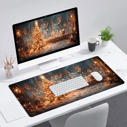 Christmas Tree Gaming Mouse Pad Desk Pad Candlelight Garland Snow Scene Large Gaming Mouse Mat with Stitched Edges,Non-Slip Waterproof Rubber Base Mouse Mat 31.5"x11.8" - color: Christmas-tree, size: 31.5" x 11.8"