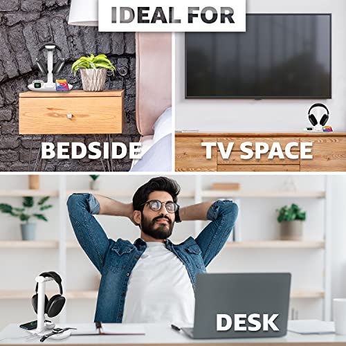 4 in 1 Wireless Charger with Headphone Stand for iPhone 17 16 15 14 13 12 Pro Max, Apple Watch 11 10 Ultra SE, AirPods Max 4 & Samsung S25-15W Gaming Desk Organizer (Adapter Not Included)(White)