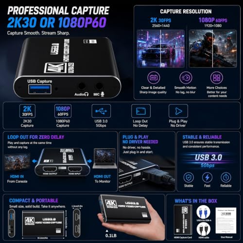 Guermok USB 3.0 HDMI Capture Card, 1080P 60FPS & 2K30 Video Capture Device | 4K HDMI Pass-Through, Mic Input & Audio Output, USB Video Game Capture for OBS Streaming, PS5, Switch 2/1, Xbox1, Camera, PC