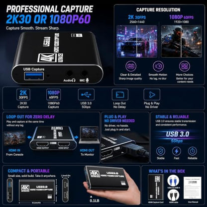 Guermok USB 3.0 HDMI Capture Card, 1080P 60FPS & 2K30 Video Capture Device | 4K HDMI Pass-Through, Mic Input & Audio Output, USB Video Game Capture for OBS Streaming, PS5, Switch 2/1, Xbox1, Camera, PC