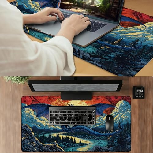 MTG Playmat TCG Card Game Mat Magic The Gathering Play Mat 24x14 Inch - color: Ember Skies Blue Dragon