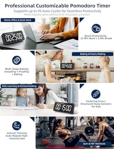 Large 7.8" Digital Timer with LED Display, Magnetic for Kitchen & Classroom | USB-C Rechargeable Timer with 99-Hour Count Up & Countdown, 3 Brightness Levels, 5 Alarm Sounds, 4 Volume Levels for Study - color: Navy Blue